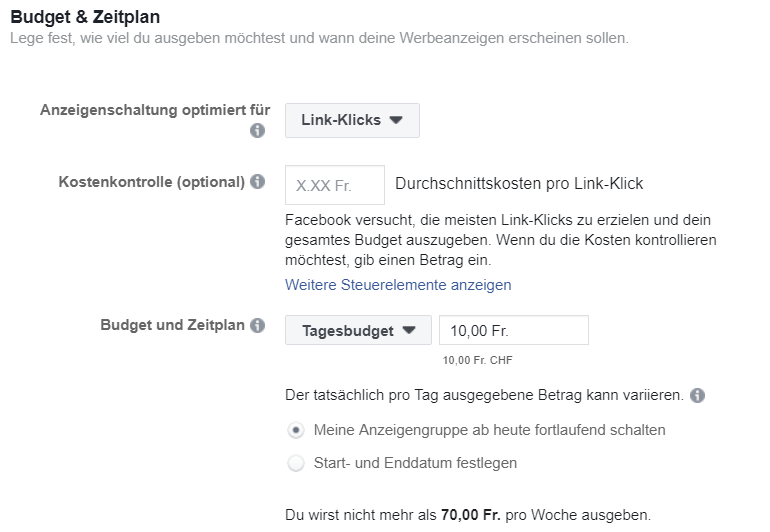 Facebook Ads Budget und Zeitplan