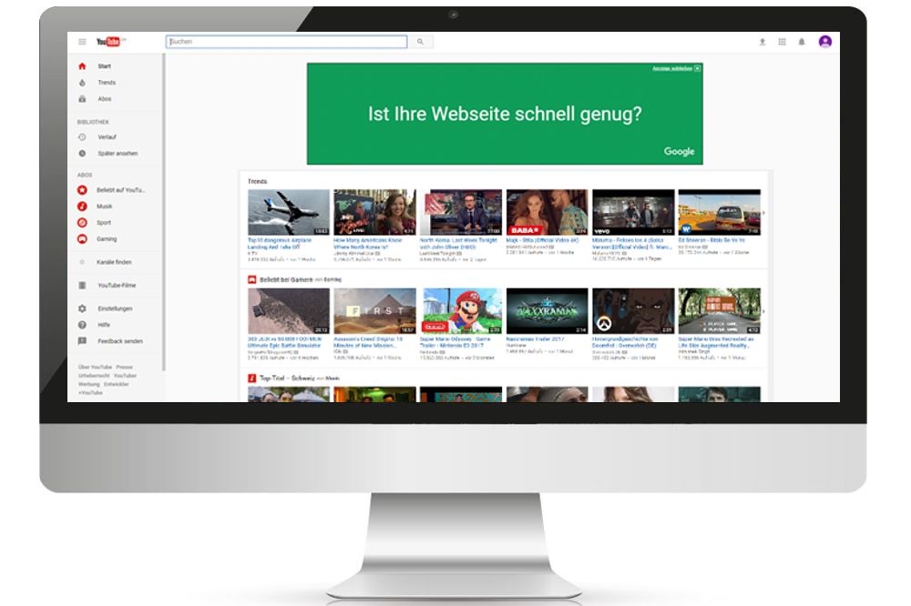 Desctopbildschirm mit Youtube Masthead Schweiz Werbebanner von Google