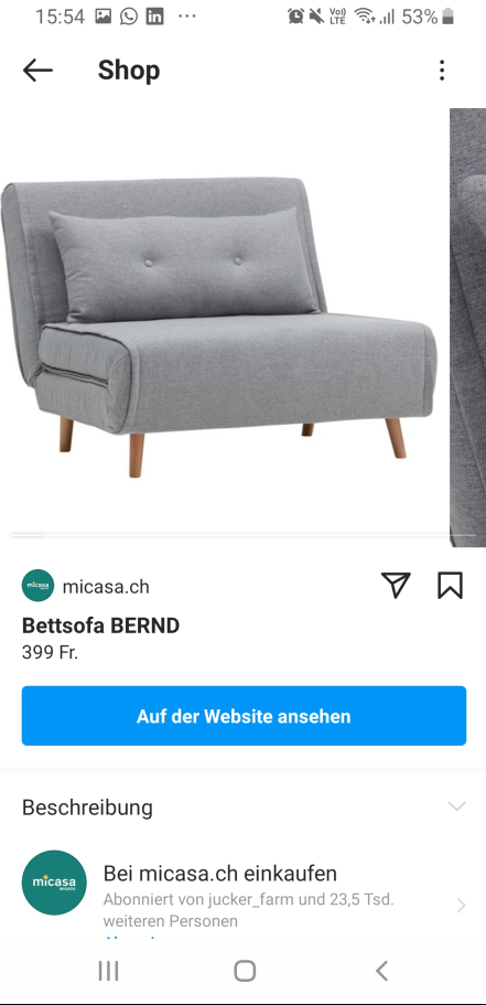 Instagram Shopping Anzeige für graues Sofa mit Checkout