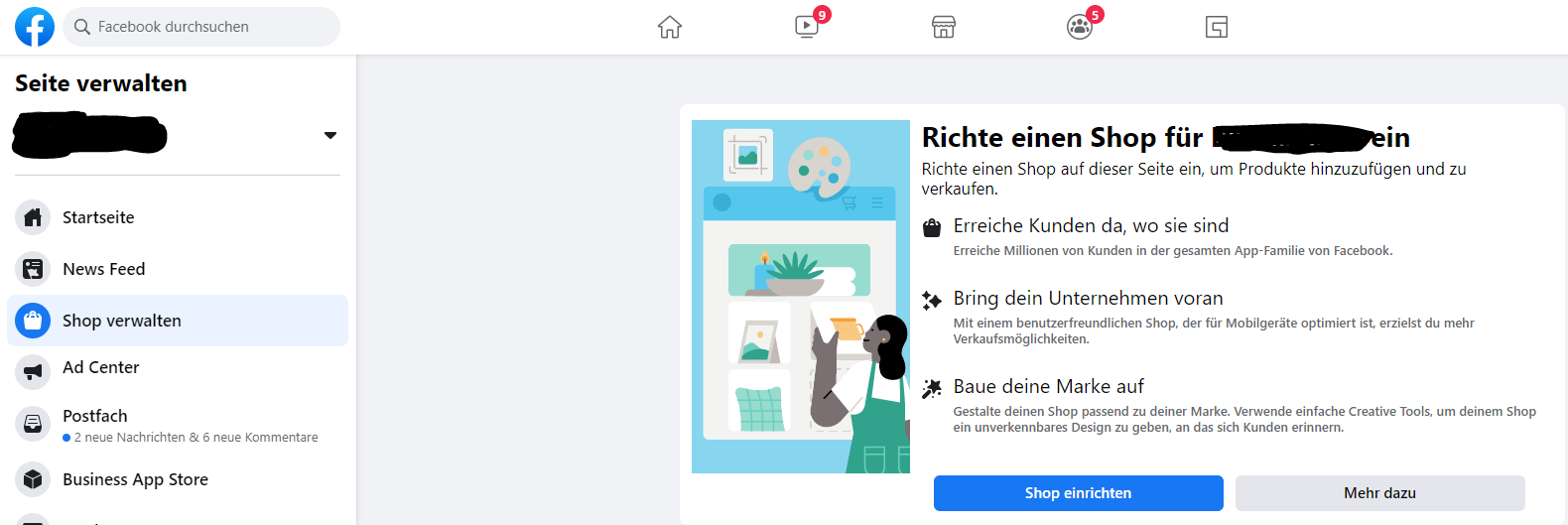 Einrichtungsseite für Facebook Shop