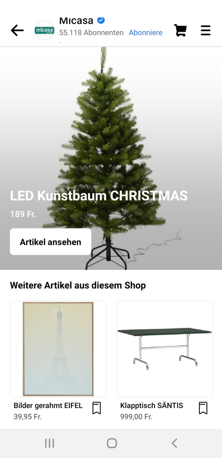 Shopping Anzeige für Christbaum auf Facebook