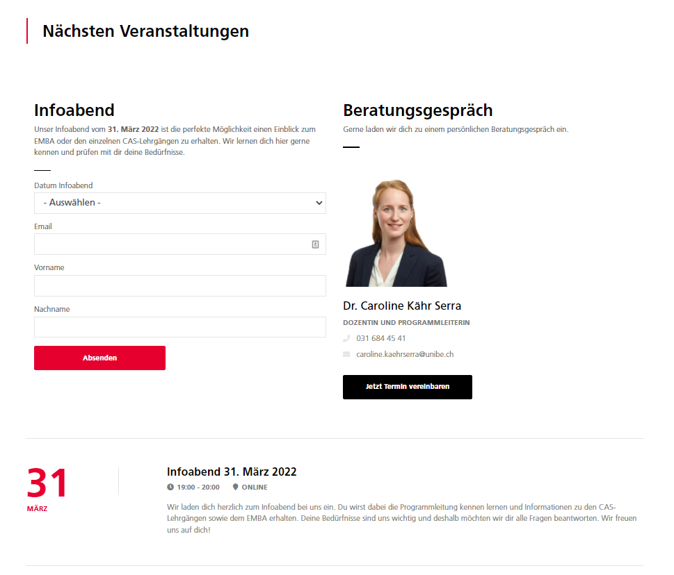 Die neugestalteten Anmeldeseiten geben nicht nur die Möglichkeit zur Anmeldung, sondern zeigen auch wichtige Infos wie zuständige Person und nächste Veranstaltungsdaten an. So haben Interessenten alles auf einen Blick zusammengefasst.