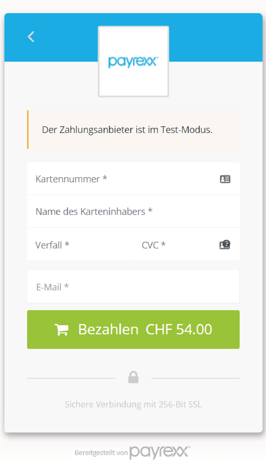 Zahlung in Payrexx Kreditkarten Maske