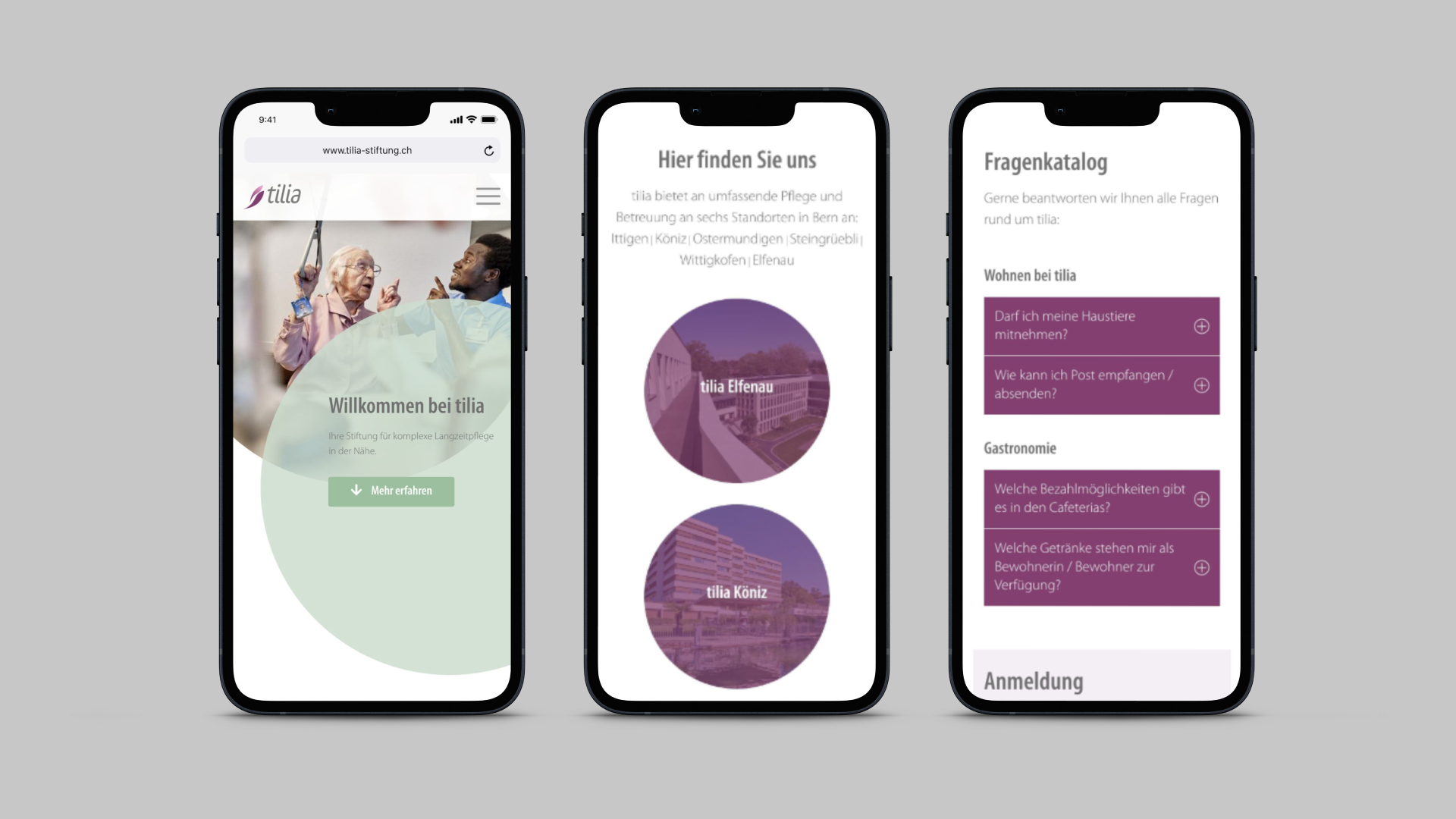 Drei iPhones nebeneinander mit verschiedenen Illustrationen der Tilia Website