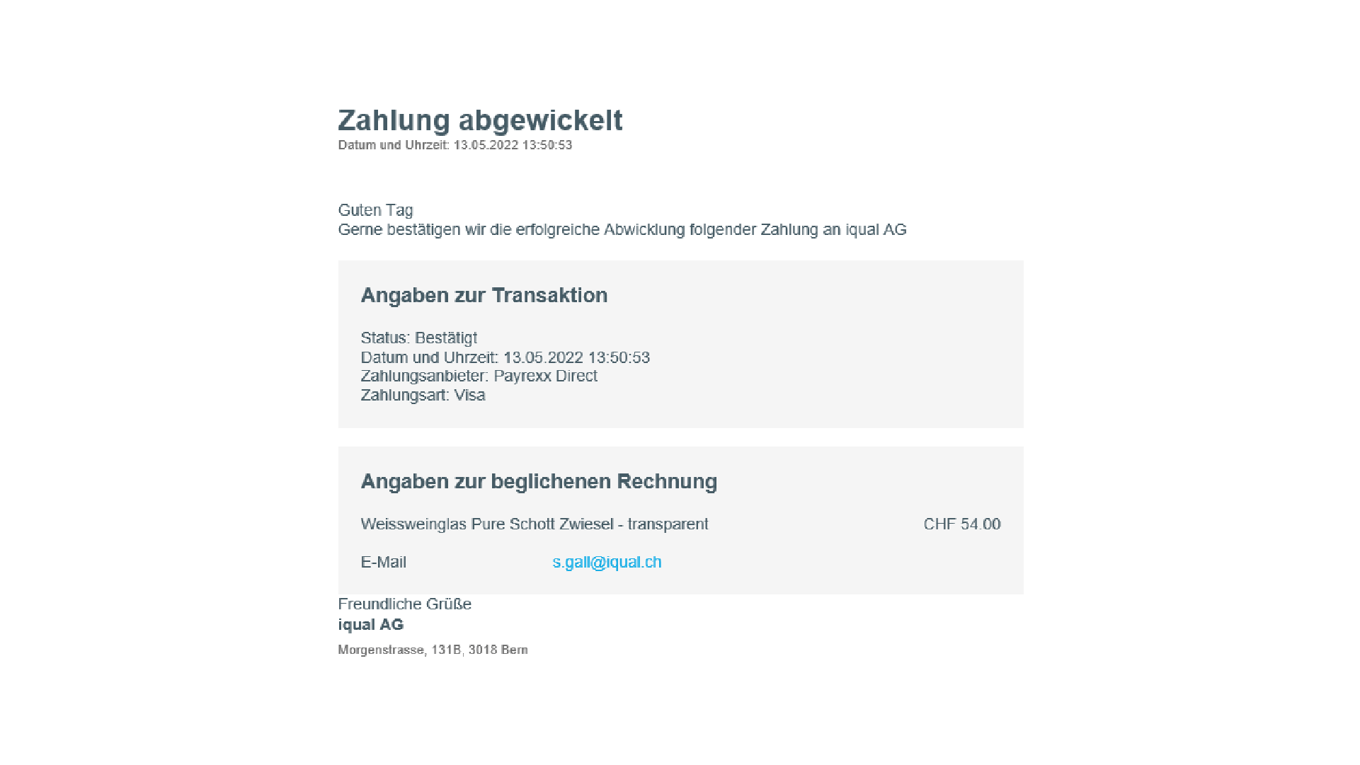 Bestätigungsmail von Payrexx zur erfolgreichen Zahlungsabwicklung