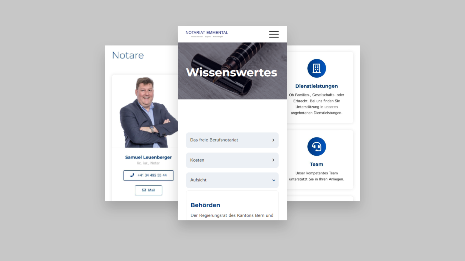 3 Mobile Screens von der neuen Website vom Notariat Emmental