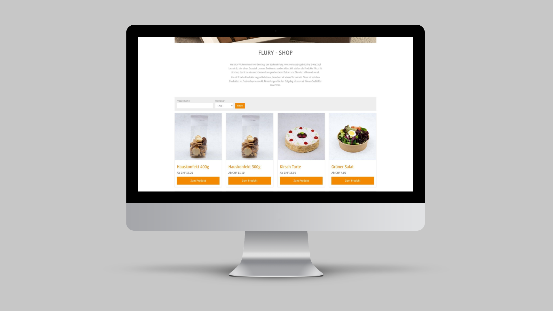 Produkteübersicht im Onlineshop der Flury Bäckerei