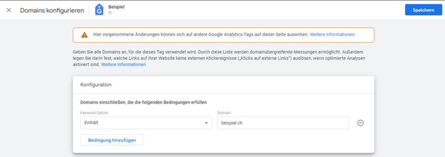 Das Cross-Domain Tracking in GA4 wurde stark vereinfacht. Es reicht aus, die Domain aufzulisten