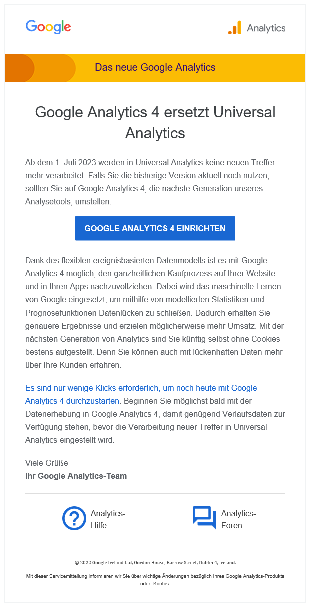Offizielle Mitteilung von Google, dass Google Universal Analytics per 1. Juli 2023 ersetzt wird