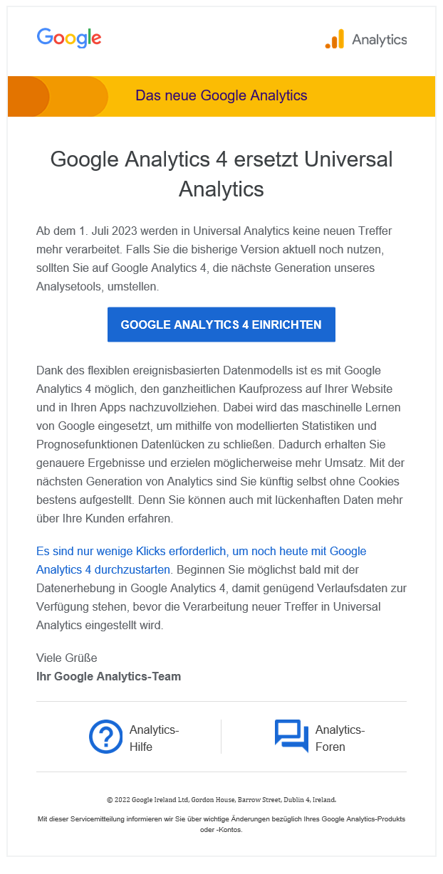 Lokale Suche nach «velo reparatur bern» Offizielle Mitteilung von Google, dass Google Universal Analytics per 1. Juli 2023 ersetzt wird