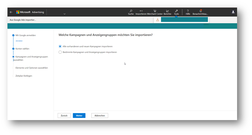 Formularfenster zur Auswahl der Kampagnen und Anzeigengruppen beim Import von Google Ads zu Microsoft Ads