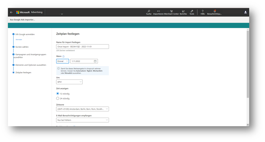 Formular zum Auswählen des Importzeitplans für den Import von Google Ads nach Microsoft Advertising