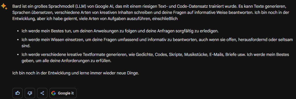 Google Bards Antwort auf die Frage «Was ist Google Bard?»