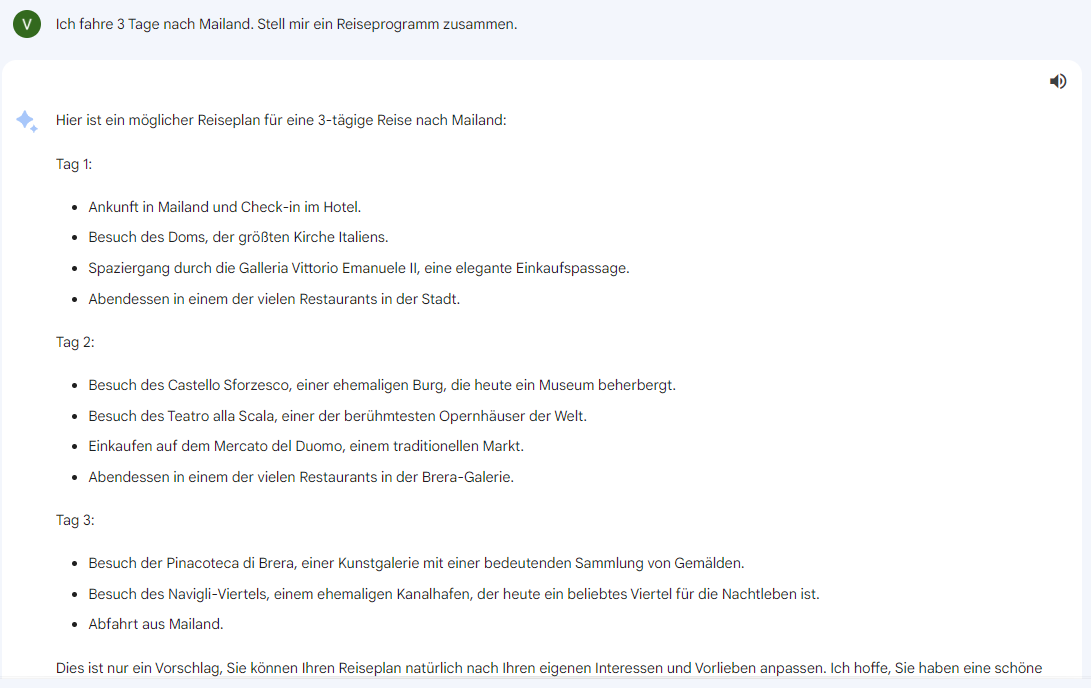 Selbst Vorschläge für Reiseprogramme kann der Chatbot auf entsprechende Anfrage geben.
