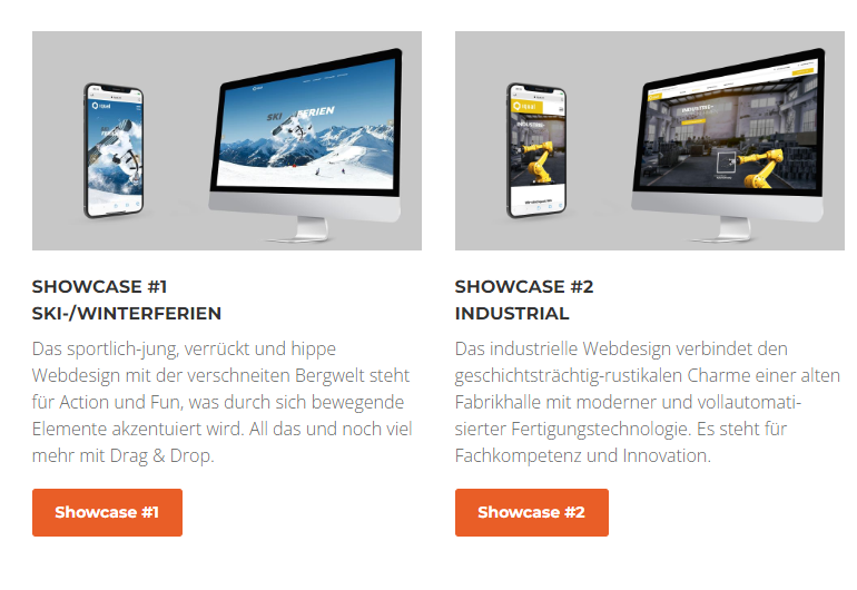 Screenshots von zwei Drupal Pagedesigner Showcases