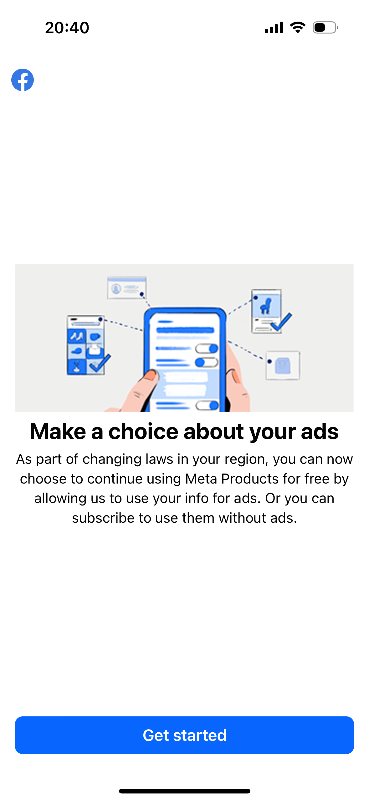 Screenshot von Meta App zur Einwilligung in Werbung 1. Schritt mit Get started