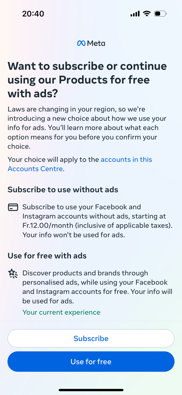 Screenshot von Meta App zur Einwilligung in Werbung 2. Schritt mit Wahl für oder gegen kostenpflichtigen Accoutn
