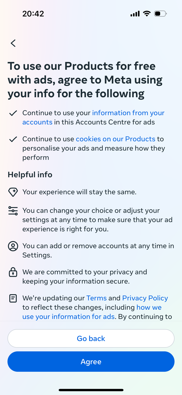 Screenshot von Meta App zur Einwilligung in Werbung 3. Schritt Informationen bei der Auswahl kostenlos