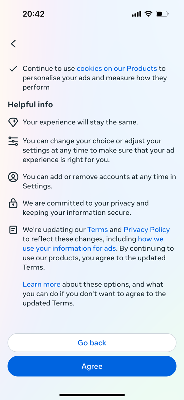 Screenshot von Meta App zur Einwilligung in Werbung 3. Schritt Informationen bei der Auswahl kostenlos, zweiter Teil