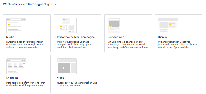 Screenshot der verschiedenen Kampagnearten Screenshot der verschiedenen Kampagnearten