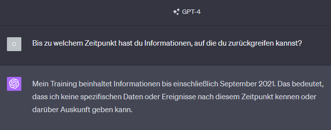 OpenAI Chat GPT-4 zur Frage nach der Aktualität der Datenbasis. OpenAI Chat GPT-4 zur Frage nach der Aktualität der Datenbasis.