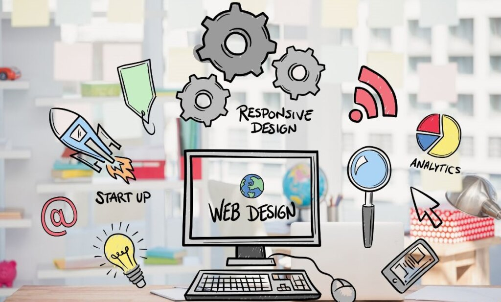 Computer in der Mitte mit Webdesign Elementen drumrum