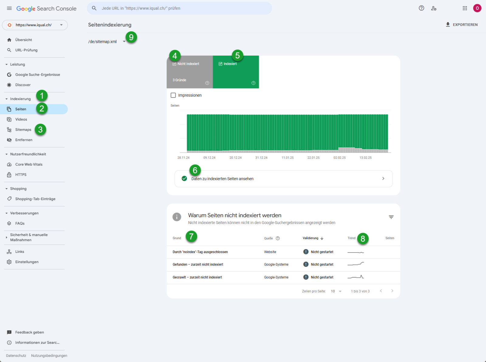 Screenshot der Google Search Console zum Indexieren