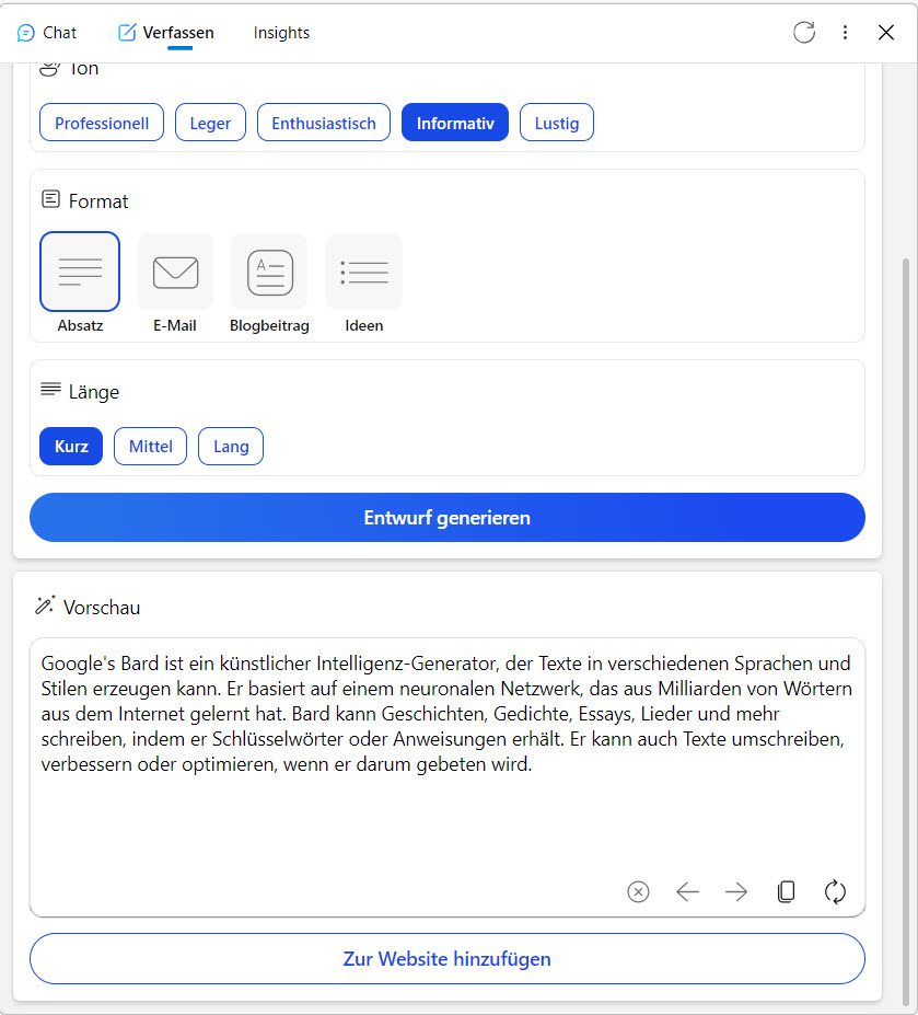 Texten mit Bing Chat Screenshot vom Texten mit Bing Chat