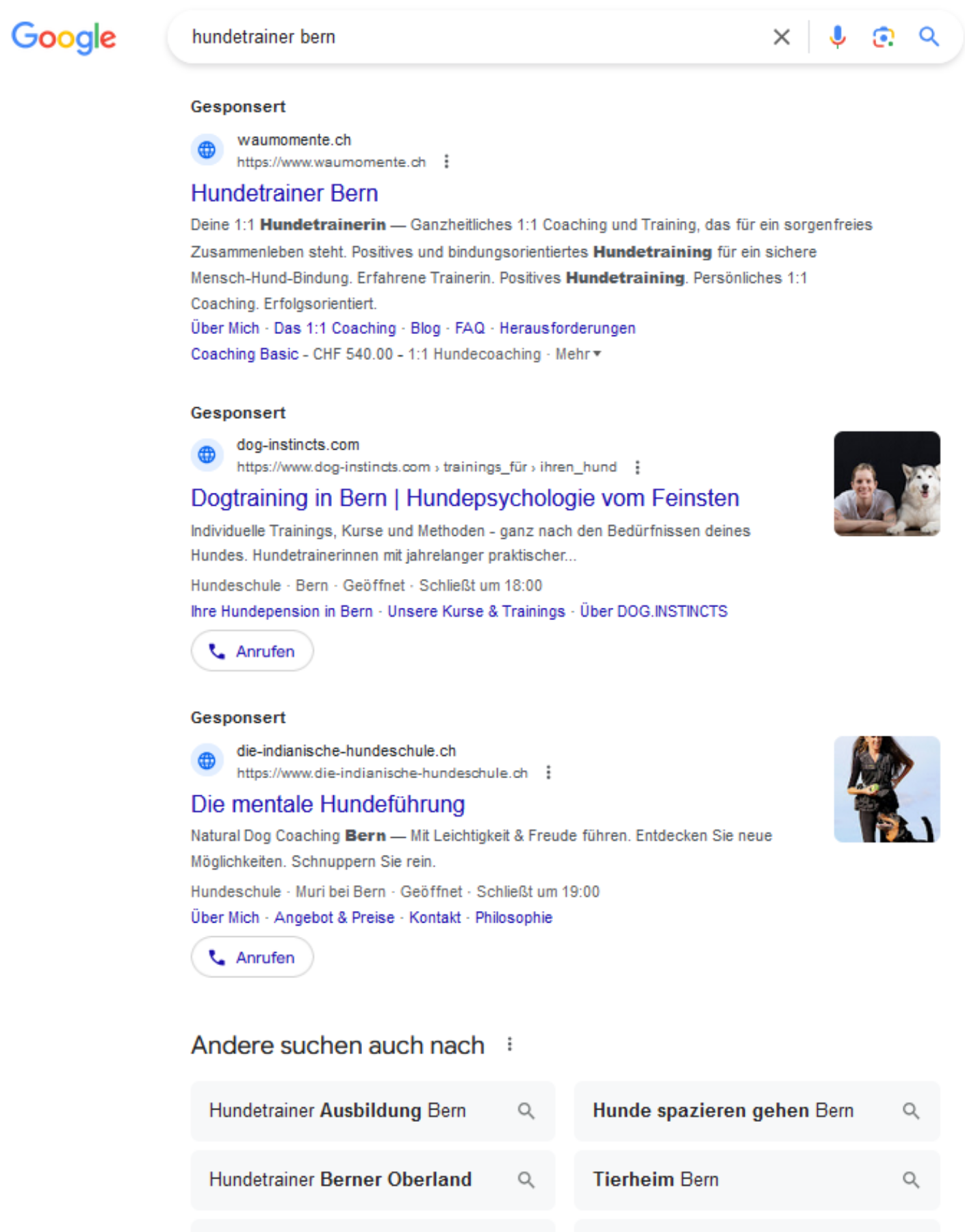 Google Ads mit Suche nach «Hundetrainer Bern» Google Ads mit Suche nach «Hundetrainer Bern»