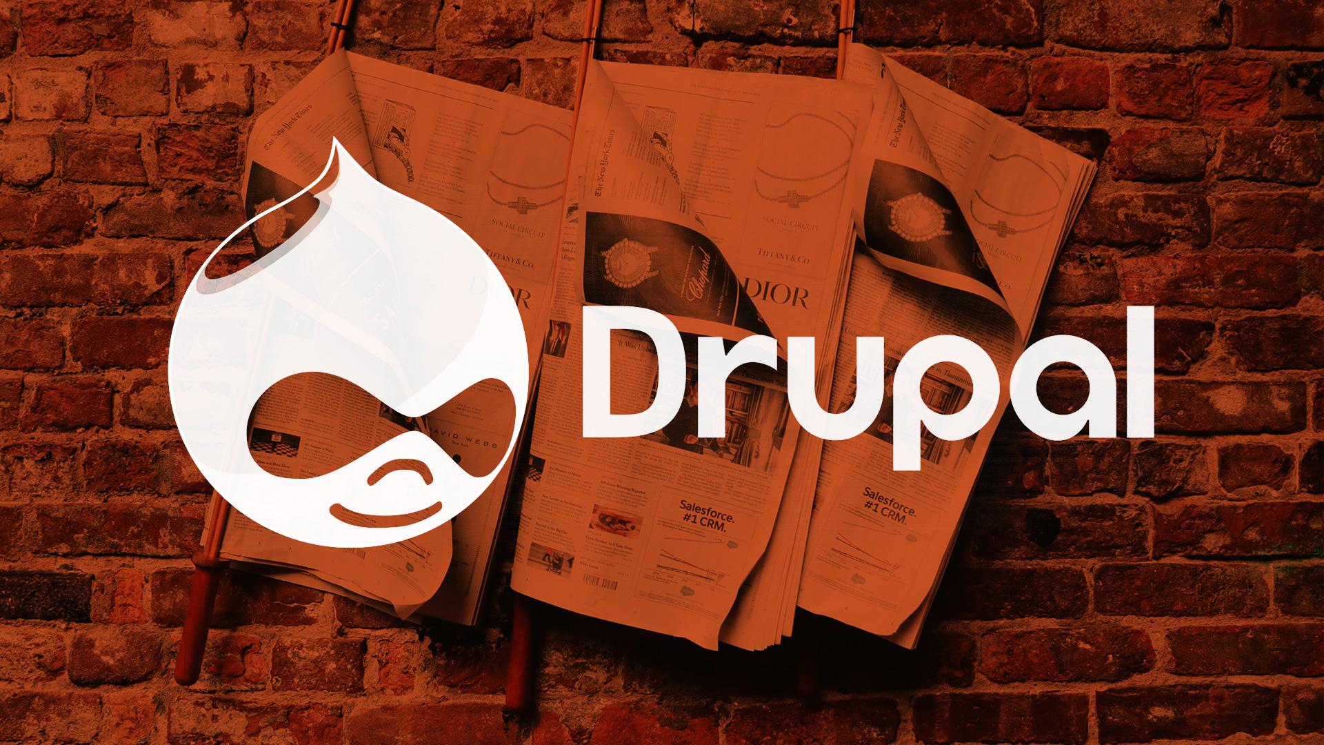 Zeitungen im Hintergrund und Drupal Logo im Vordergrund