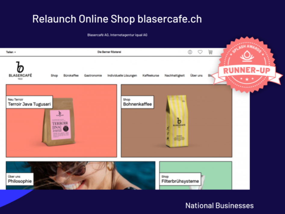 Website von Blaser Café mit Runner up Badge