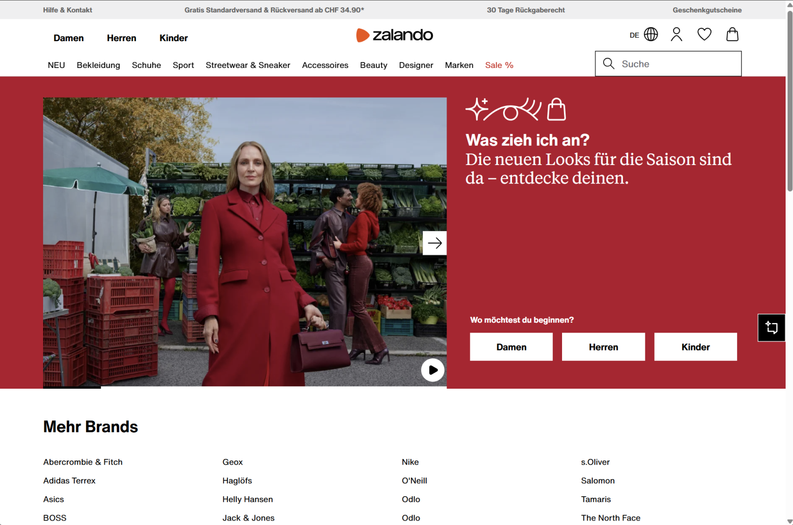 Screenshoot der Zalando Website eines responsive Designs eines Desktop-PC