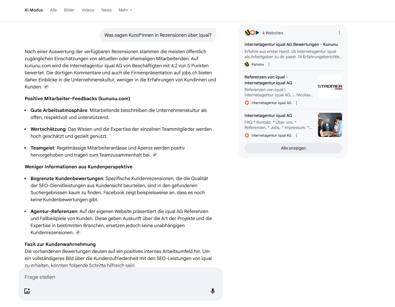 Screenshot aus dem Google KI-Modus mit der Frage nach Rezensionen zu iqual