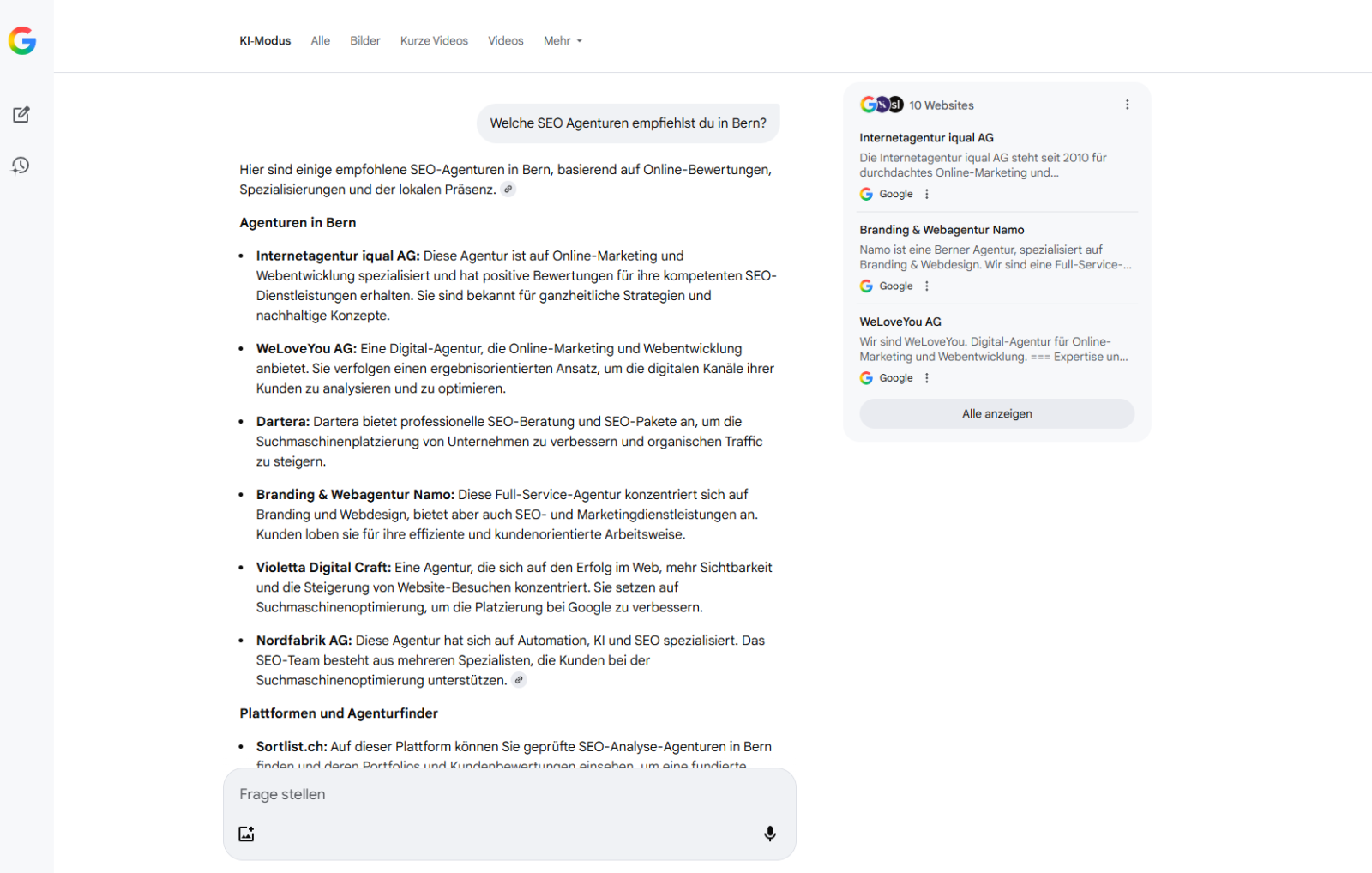 Screenshot einen Unterhaltung mit dem Google KI-Modus mit der Frage nach der besten Agentur in Bern
