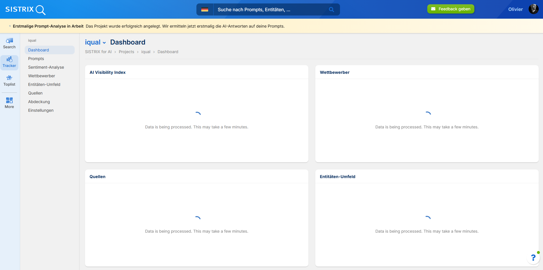 Screenshot von Sistrix, wie das System automatisch ein erstes Dashboard erstellt