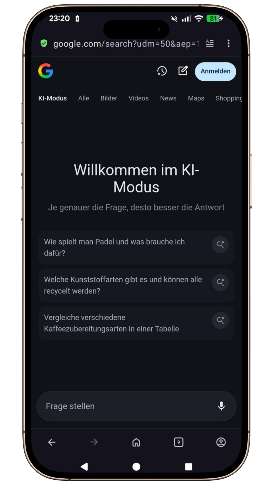 Smartphone mit dem KI-Modus 