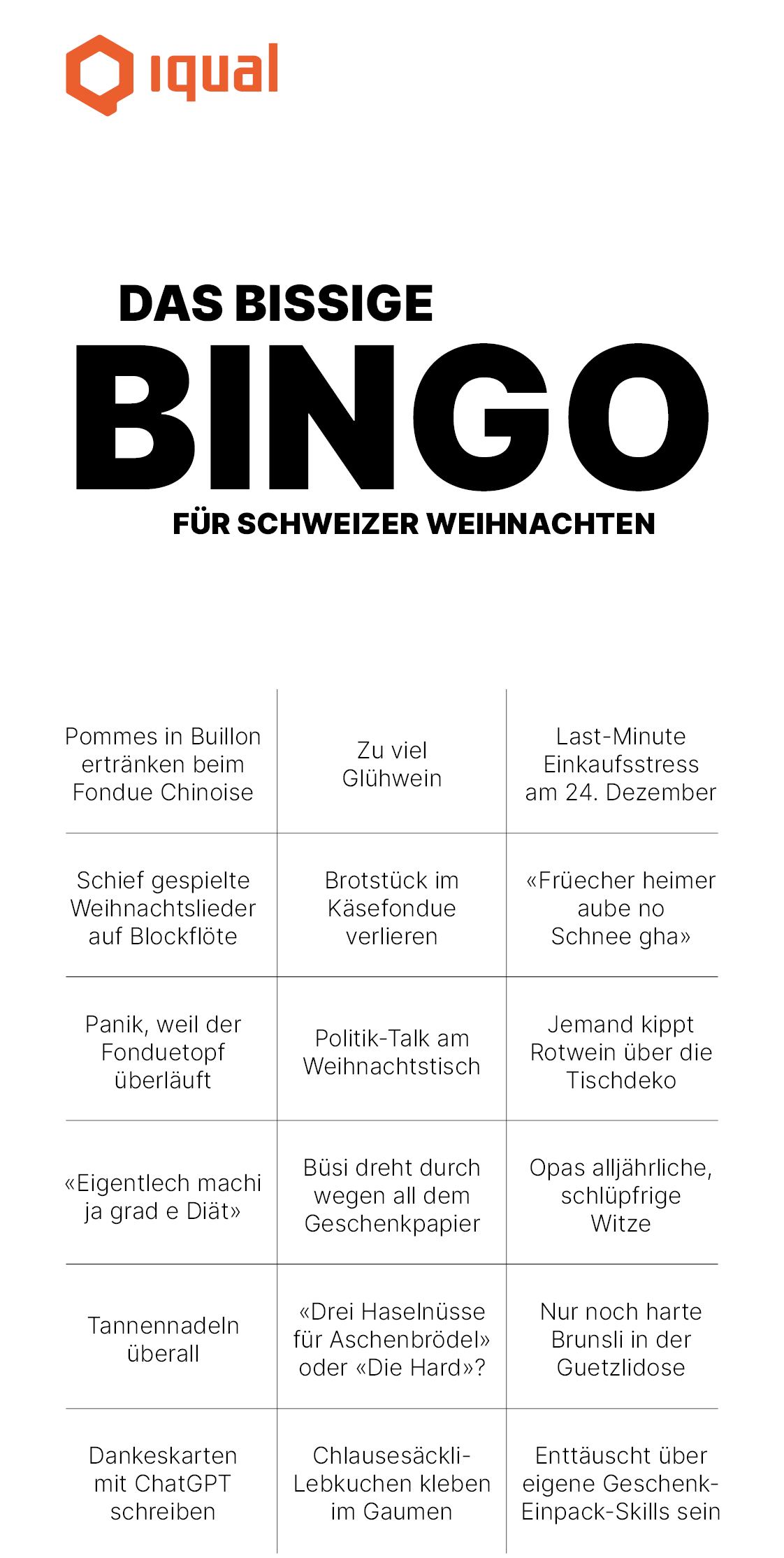Weihnachtsgrusskarte von iqual für das bissige Bingo für Schweizer Weihnachten