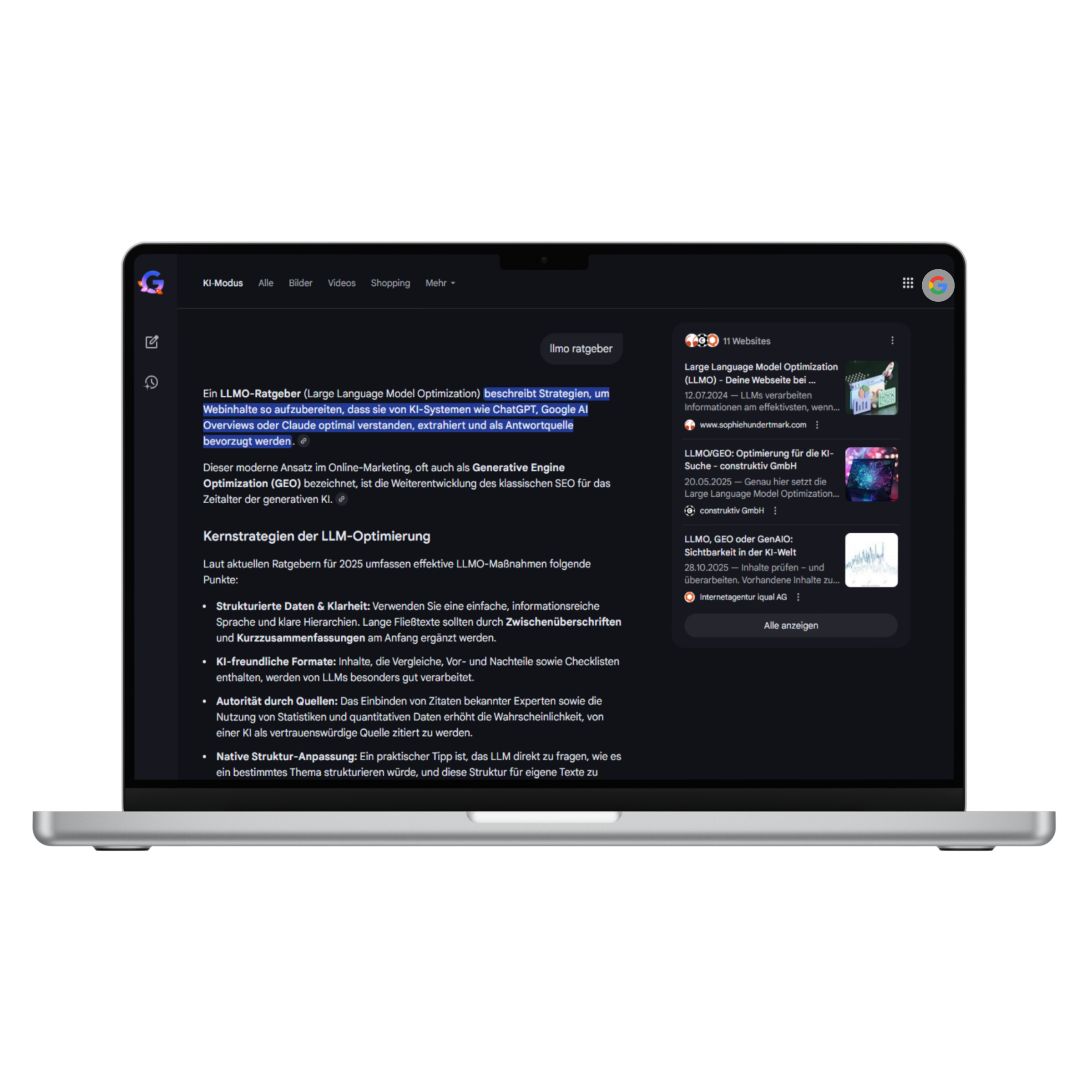 Screenshot der Google-Suchergebnisse im KI-Modus mit einer Suchanfrage zu LLM-Ratgebern, inklusive KI-generierter Antwort und verlinkter Quellen
