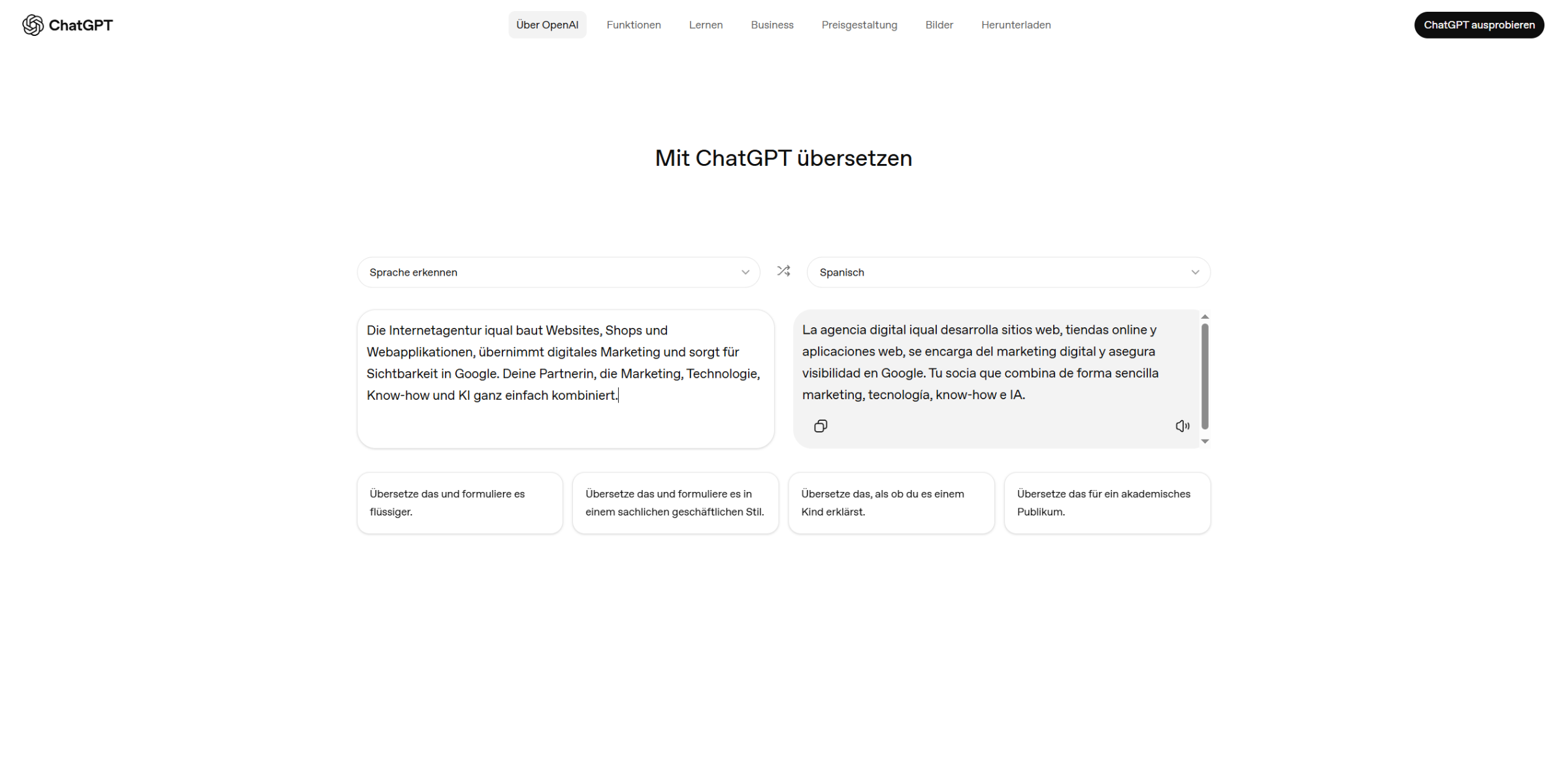 Screenshot von ChatGPT Translate
