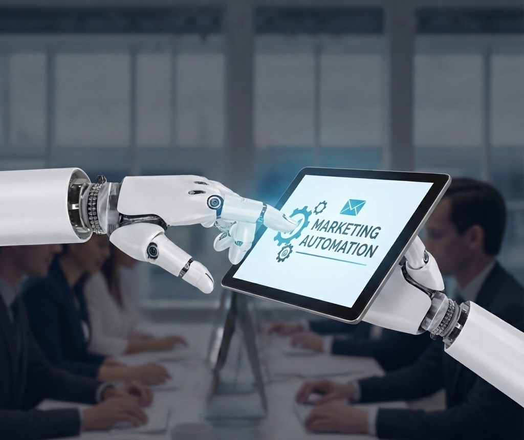 Roboterhand drückt auf Tablet, auf welchem Marketing Automation steht