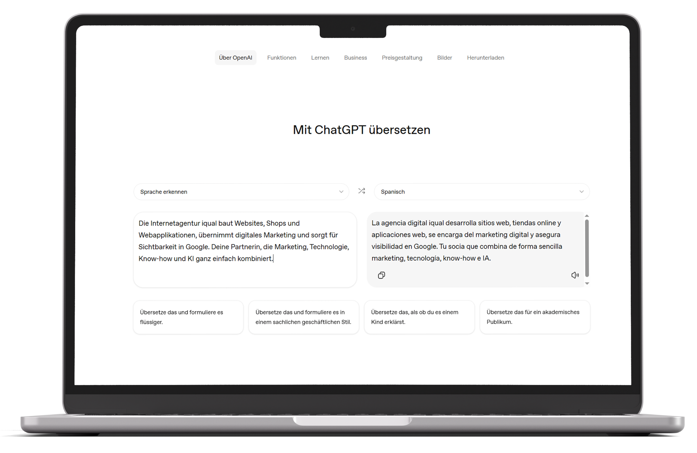 Laptop in Frontalansicht mit geöffneter ChatGPT-Oberfläche, die eine Übersetzung vom Deutschen ins Spanische zeigt.