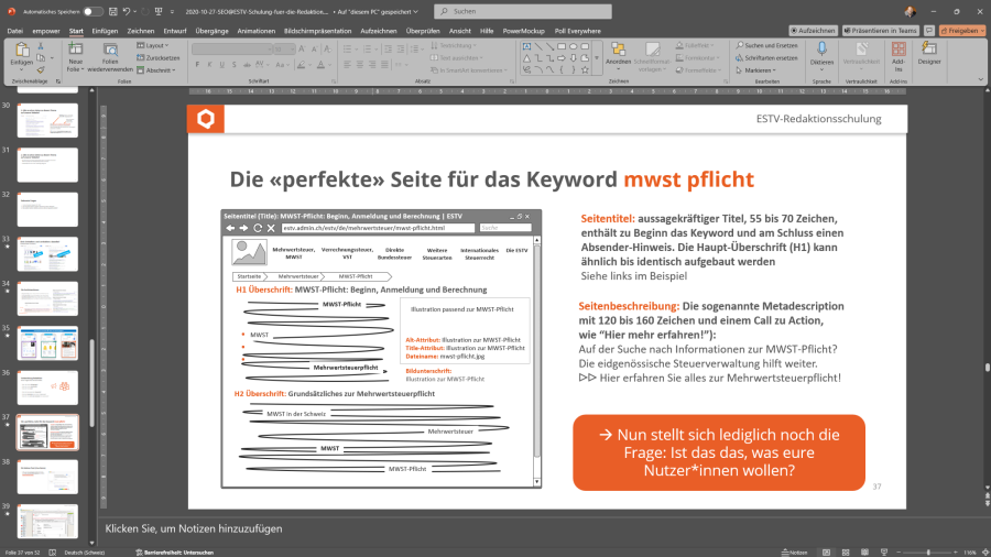 Online-Schulungen für die Redaktion Screenshot Schulungsunterlagen, ESTV