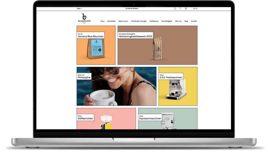 Klare Formen und starke Bilder unterstreichen die QualitÀt der Marke Blaser Café Screenshot Startseite, Blaser Café