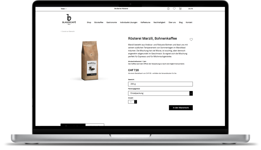 Kaffeegenuss beginnt mit dem ersten Klick â hochwertige ProduktprĂ€sentation inklusive Screenshot Produktseite, Blaser CafĂ©