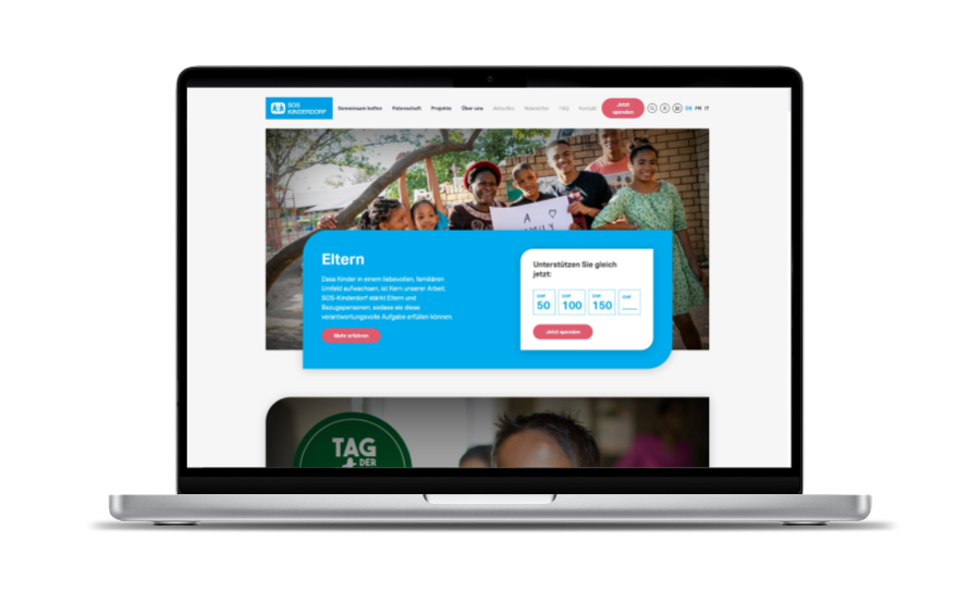 Die neue Startseite spricht emotional an â und lĂ€dt zum Spenden ein SOS Kinderdorf, Ansicht Desktop