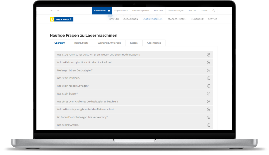 Antworten dort platzieren, wo die Fragen auftauchen Screenshot FAQ, Max Urech