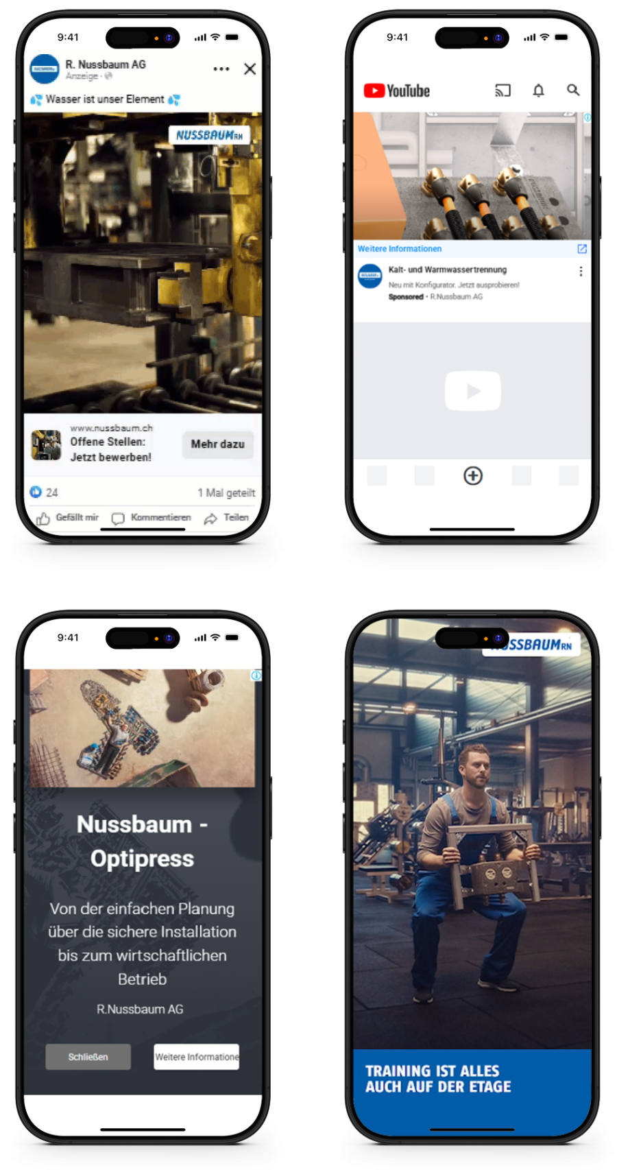 Heizungs- und Sanitärthemen sichtbar machen – zur richtigen Zeit, am richtigen Ort Screenshot diverser Werbemittel, Nussbaum