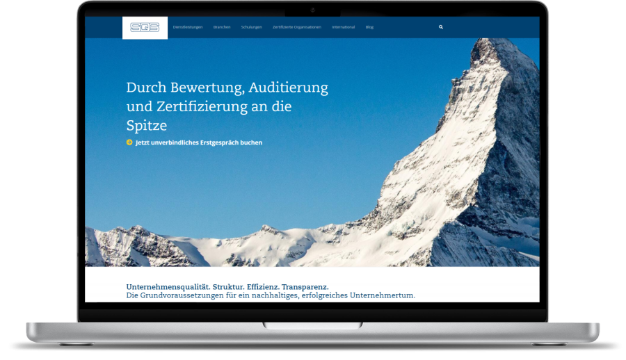 Webauftritt mit Charakter - massgeschneidert auf die Anforderungen der SQS Website der SQS in einem Laptopscreen