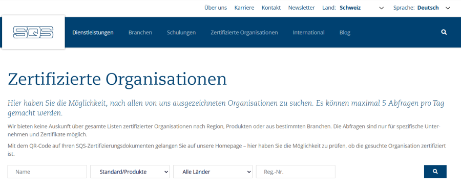 Direkter Zugang zur Zertifikatsprüfung – schnell, sicher und transparent über die SQS-Website Screenshot zertifizierte Organisationen auf der SQS Website