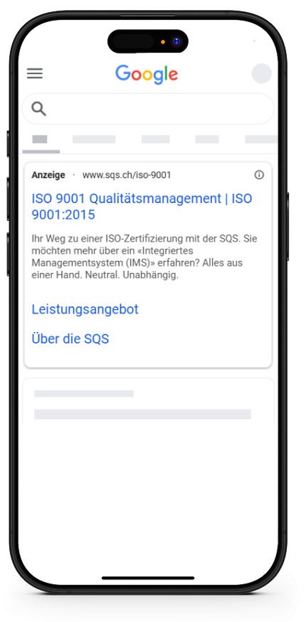 Präsent, wenn Interessierte danach suchen Beispiel Google Suchanzeige SQS